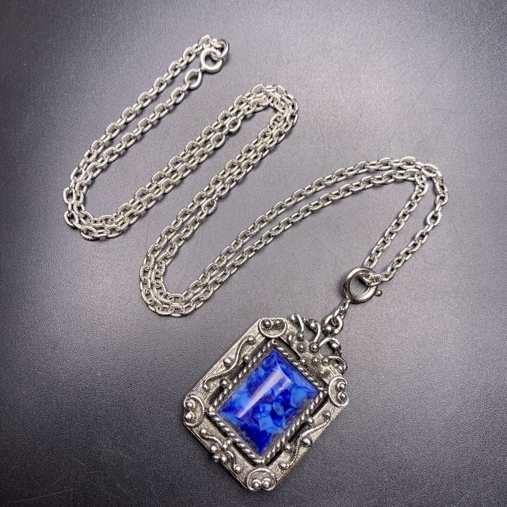 Silver Tone Blue Pendant Necklace Ornate Textured Cross Back Removable Charm